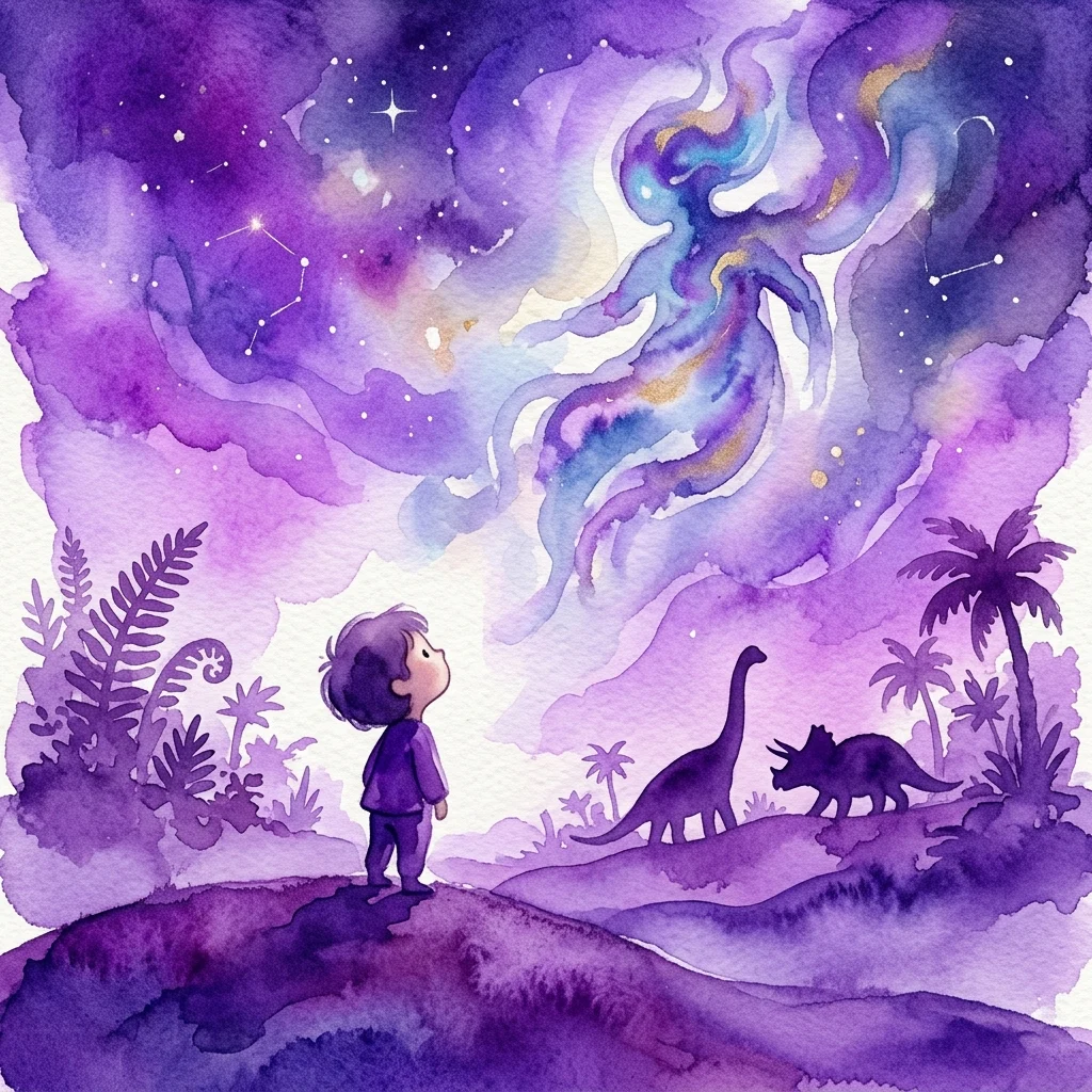 Een kind kijkt omhoog naar een hemels wezen in een paarse aquarelhemel, met dinosaurus-silhouetten en prehistorische planten op de achtergrond, wat een gevoel van verwondering oproept over het oude leven en het universum.