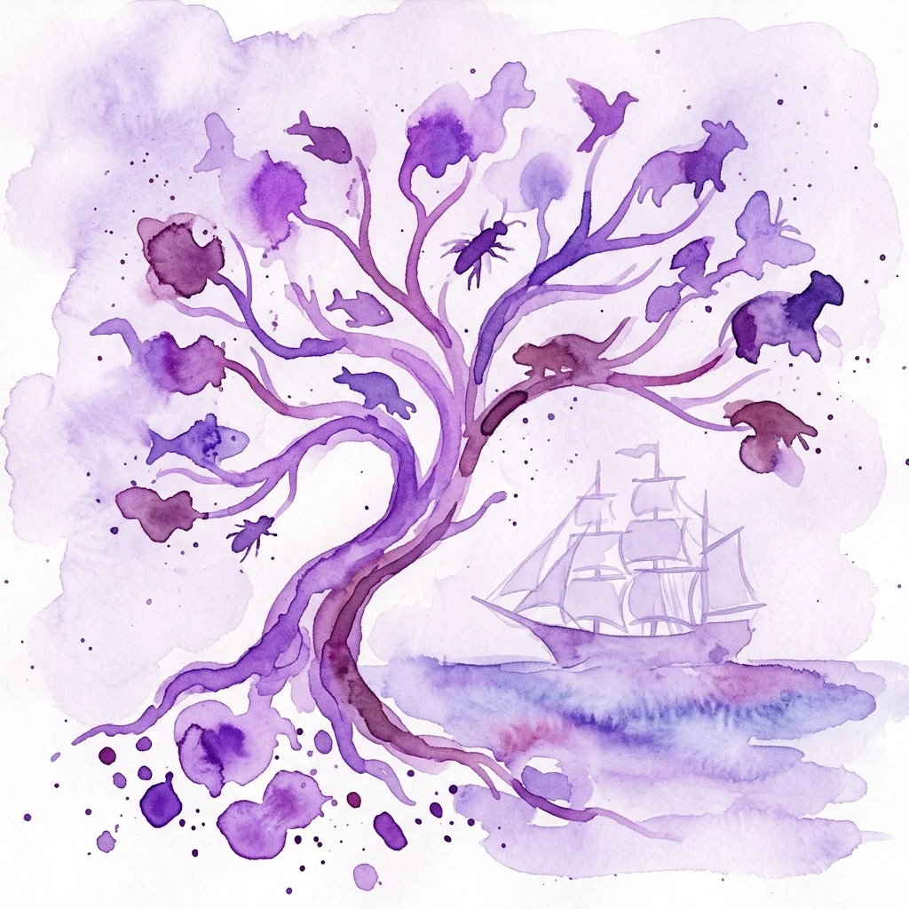 Una ilustración en acuarela púrpura de un árbol de la vida con formas de animales e insectos como hojas, sobre un velero en el océano, representando la evolución y el descubrimiento científico.