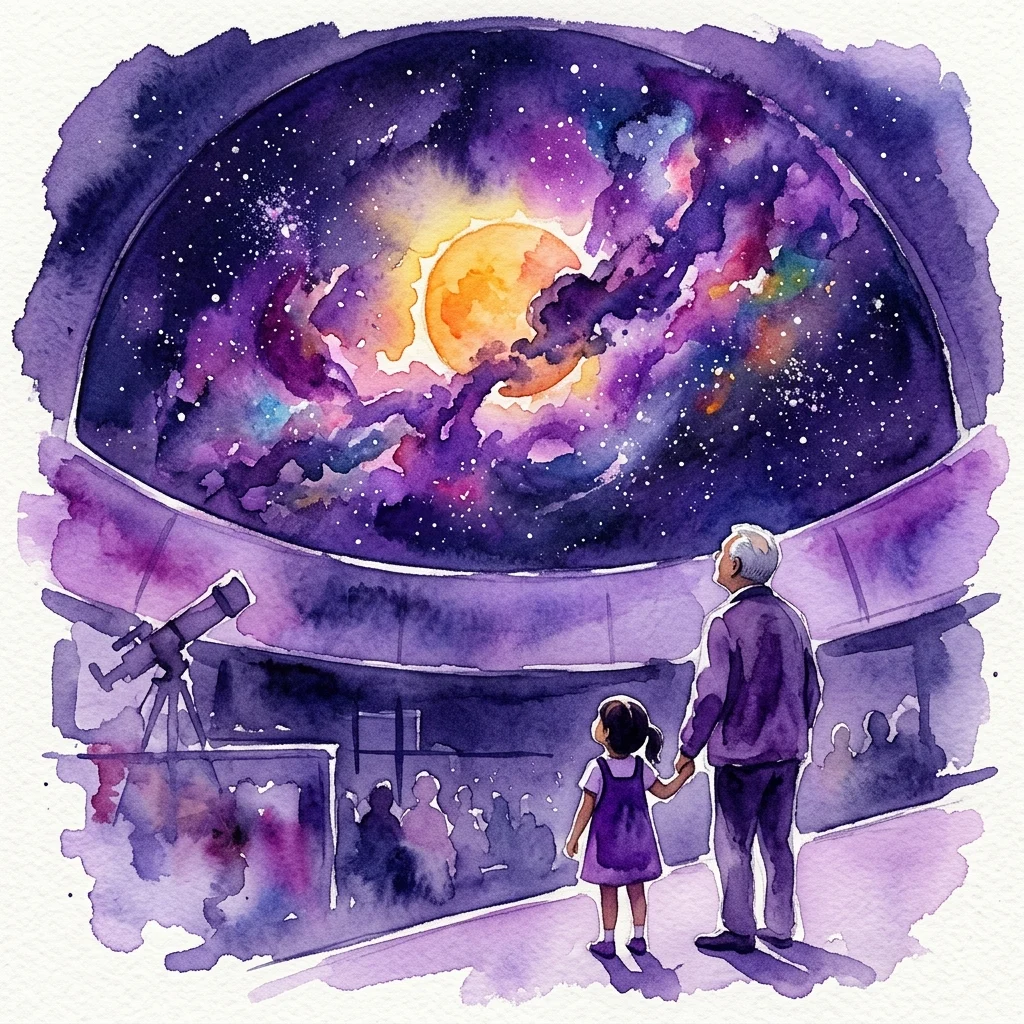 Una niña y su abuelo observan un espectáculo de planetario en el que el Sol es oscurecido por una nube cósmica, con un telescopio visible en primer plano.