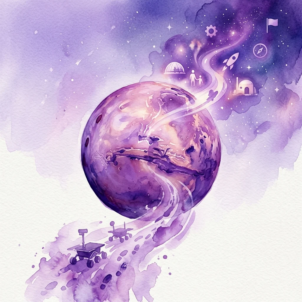 A watercolor illustration of Mars with a trail leading to futuristic elements like a rover, rocket, habitat, and people, symbolizing space exploration and colonization.