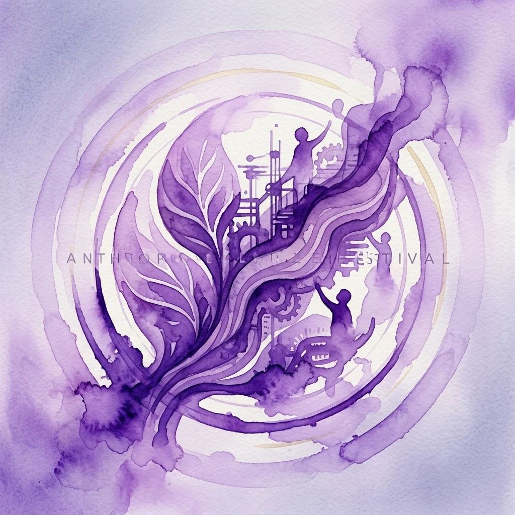 Ilustracja akwarelowa na Festiwal Antropocenu, przedstawiająca fioletowe motywy liści, ludzkie sylwetki i elementy przemysłowe w okrągłym projekcie, symbolizująca przecięcie się natury i wpływu człowieka.