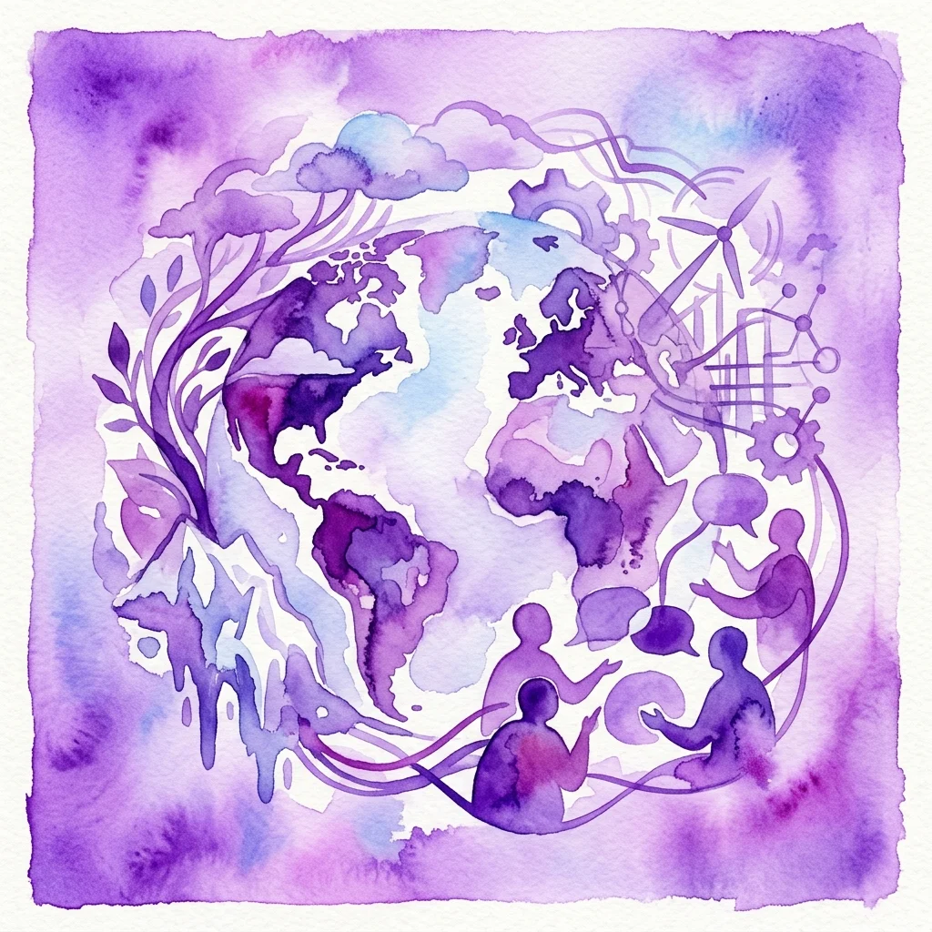 Ilustración en acuarela de un globo terráqueo con elementos entrelazados de naturaleza, tecnología y personas en discusión, que representa el cambio climático y la interconexión global.