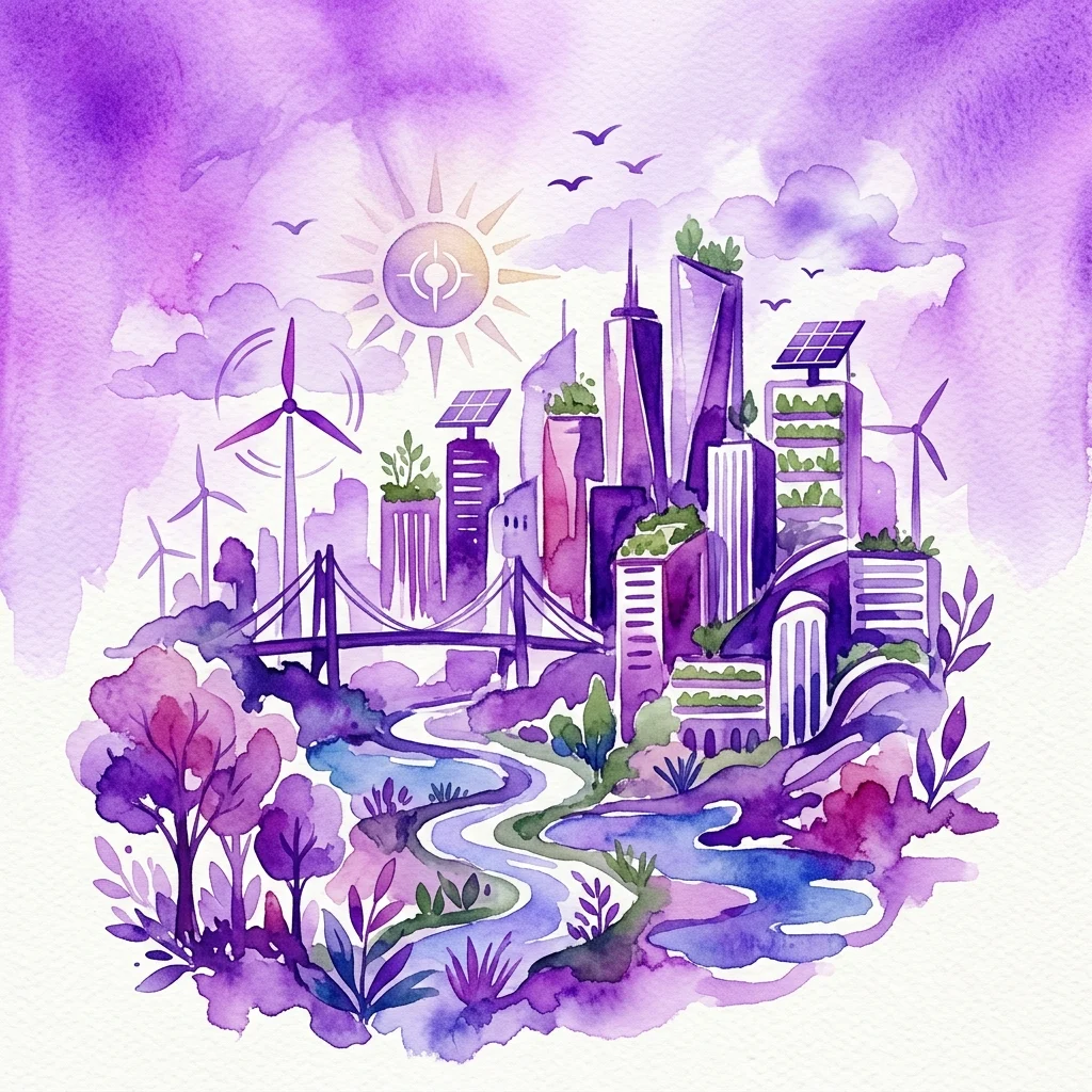 Una ilustración en acuarela de una ciudad sostenible con edificios verdes, paneles solares, turbinas eólicas y un río, que simboliza el tema 'Grow Your City' del Festiwal Przemiany 2022.