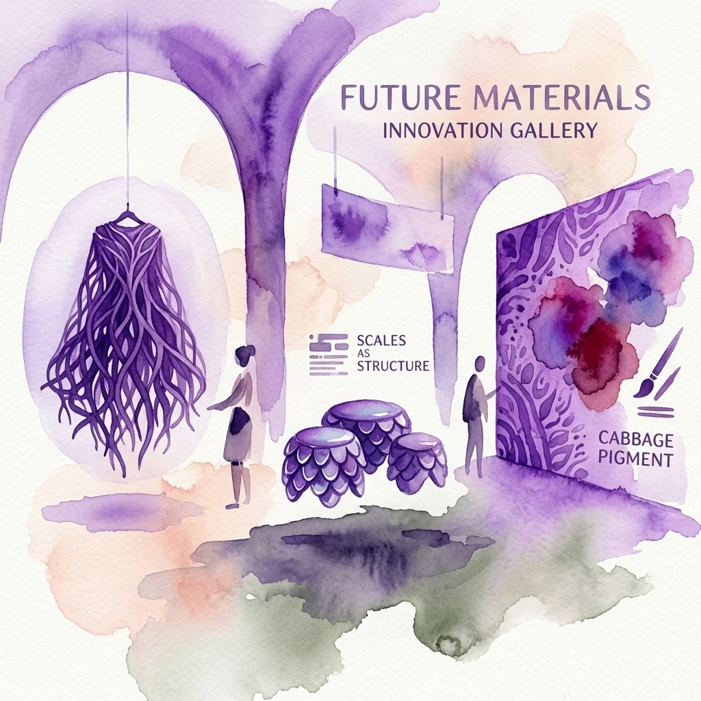 A watercolor illustration of the 'Future Materials Innovation Gallery' at Festiwal Przemiany 2024, showcasing exhibits like clothing made from roots, stools from fish scales, and paint from cabbage, with visitors exploring the space.