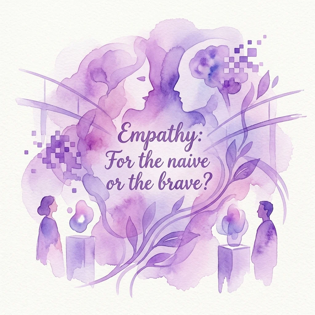 Una ilustración en acuarela morada para la exposición Festiwal Przemiany 2025, con siluetas de personas observando arte, y el título 'Empathy: For the naive or the brave?' prominentemente mostrado.