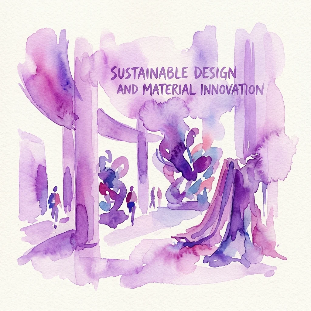 Ilustración en acuarela de un espacio de exposición con formas abstractas moradas y rosadas, que presenta el texto 'DISEÑO SOSTENIBLE E INNOVACIÓN DE MATERIALES' y siluetas de visitantes explorando la galería.