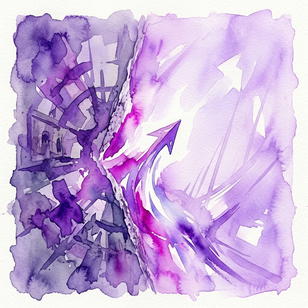 Obra de arte abstracta en acuarela en tonos púrpuras y magenta, con una flecha prominente que simboliza la transformación y la transición, representando el tema del 'Año Cero' para el festival Festiwal Przemiany.
