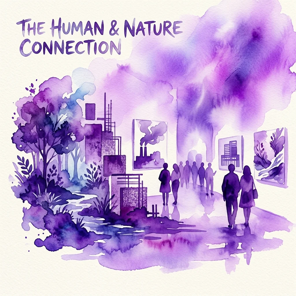 A watercolor illustration of an art exhibition titled 'The Human & Nature Connection,' showing silhouettes of visitors viewing artworks that depict industrial scenes and natural landscapes in purple hues.