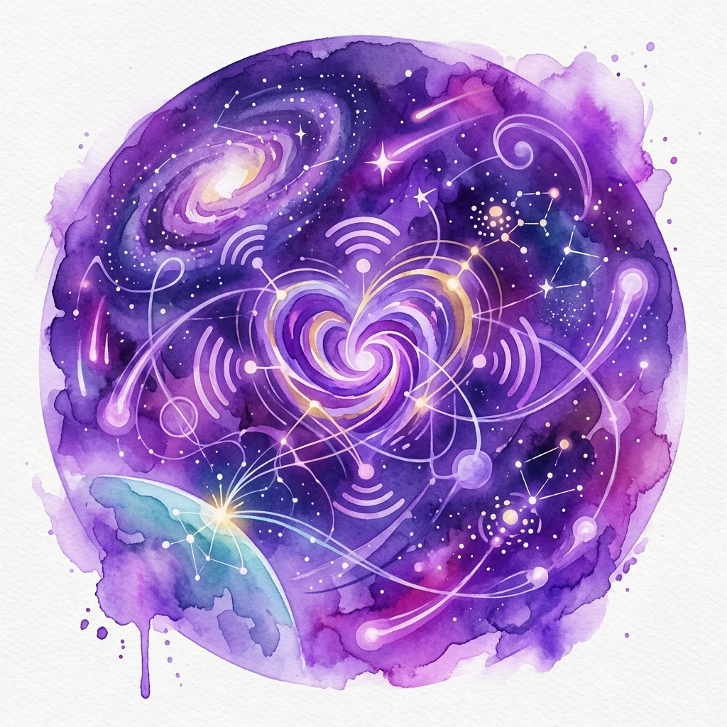 A stylized watercolor illustration of a cosmic scene with a purple galaxy, a heart-shaped signal, and Earth, representing the 'Halo Ziemia' fulldome film about communication with the universe.