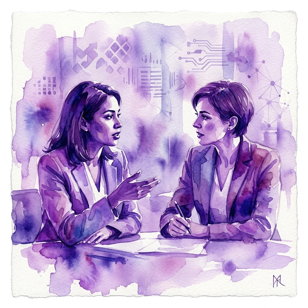 Dos mujeres vestidas de traje discutiendo en una mesa, con un fondo de acuarela morada con motivos de placas de circuito y redes, ilustrando una conversación sobre inteligencia artificial y su impacto social.