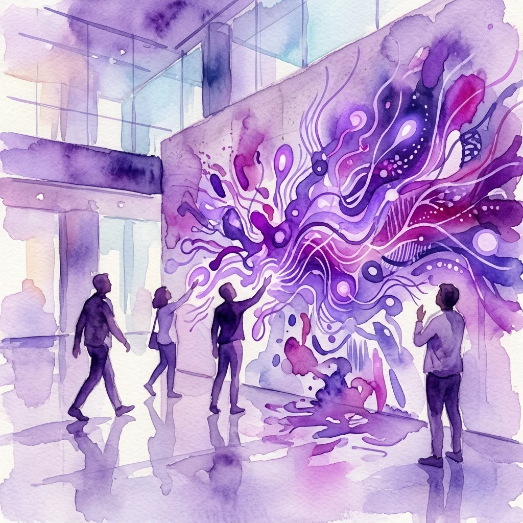 Instalación multimedia interactiva 'Przepływy' con visualizaciones dinámicas en púrpura y rosa que responden a los visitantes en un espacio de museo moderno.