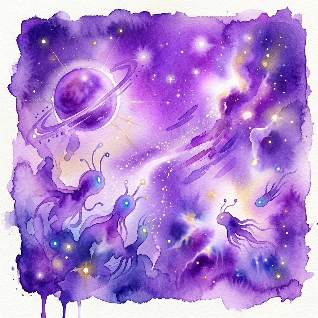 A vibrant purple watercolor artwork depicting a cosmic scene with a ringed planet, stars, and abstract alien figures, evoking wonder about extraterrestrial life and space exploration.