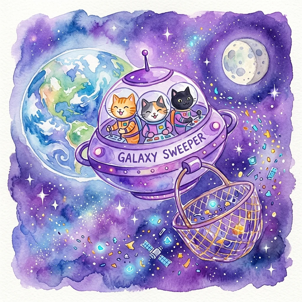 Tres gatos con trajes espaciales pilotan una nave espacial púrpura llamada 'Galaxy Sweeper' recogiendo escombros espaciales, con la Tierra y la Luna de fondo.
