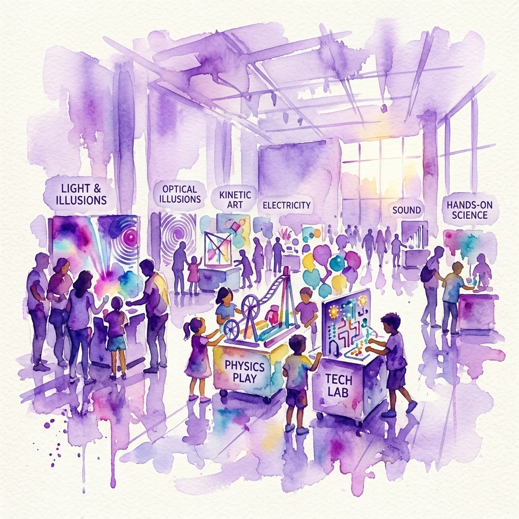 A vibrant watercolor illustration of the 'Kopernik na kółkach' science exhibition, featuring children and adults interacting with mobile stations on light, sound, electricity, and optical illusions in a modern museum hall.