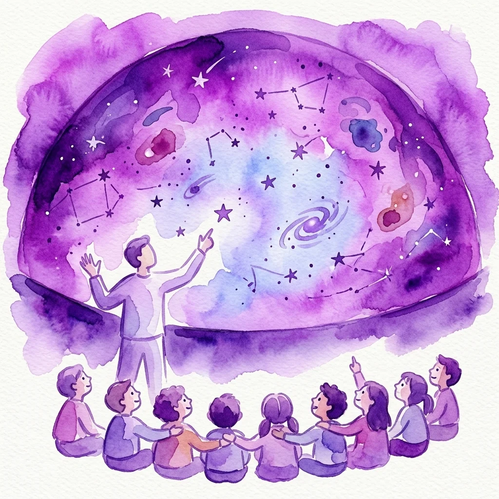 Ilustracja akwarelowa przedstawienia w planetarium z prezenterem prowadzącym grupę dzieci przez gwieździstą kopułę, ukazując konstelacje, galaktyki i mgławice.