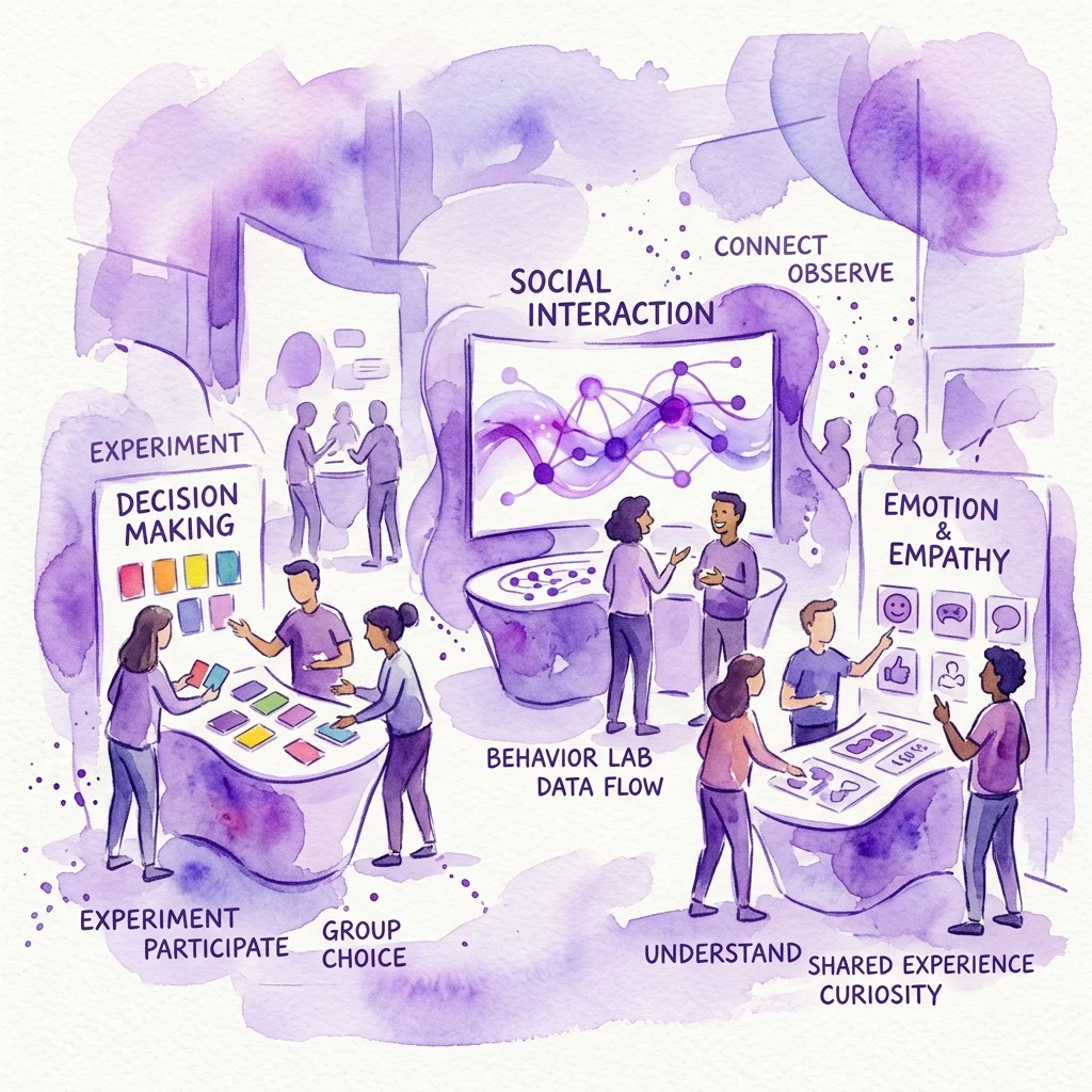An interactive science exhibit at the Copernicus Science Centre's LivingLAB, featuring visitors participating in social science experiments on decision making, emotion, empathy, and social interaction through hands-on stations.