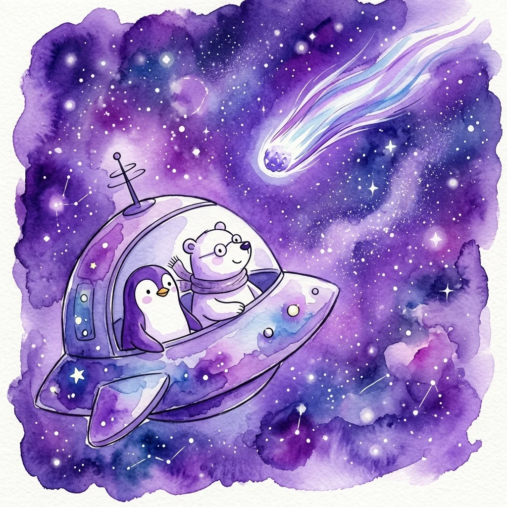 Una ilustración en acuarela de un pingüino y un oso polar en una nave espacial explorando un cielo morado estrellado con un cometa, promocionando el espectáculo del planetario 'Łucja. Sekret spadających gwiazd'.