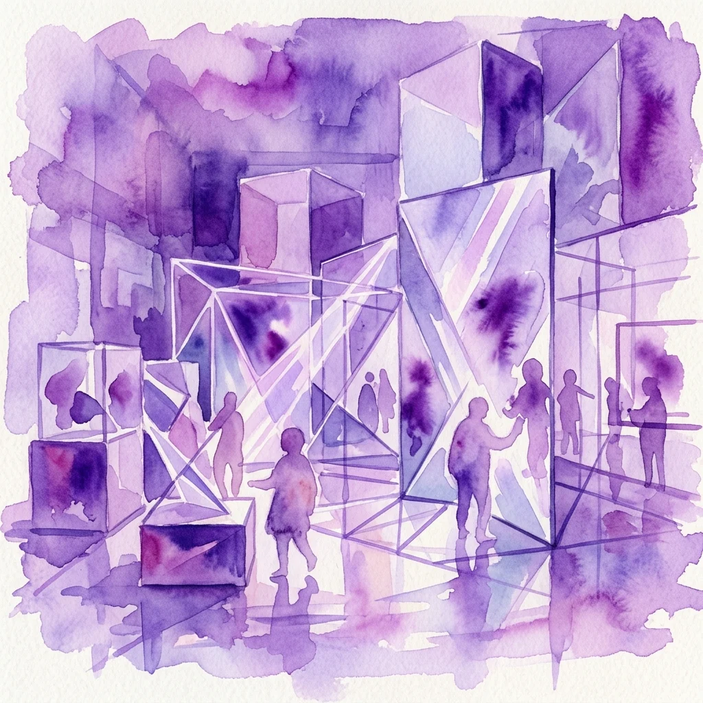 Ilustracja akwarelowa wystawy labiryntu luster z geometrycznymi kształtami, zniekształconymi odbiciami i zwiedzającymi odkrywającymi iluzje optyczne w fioletowych odcieniach.