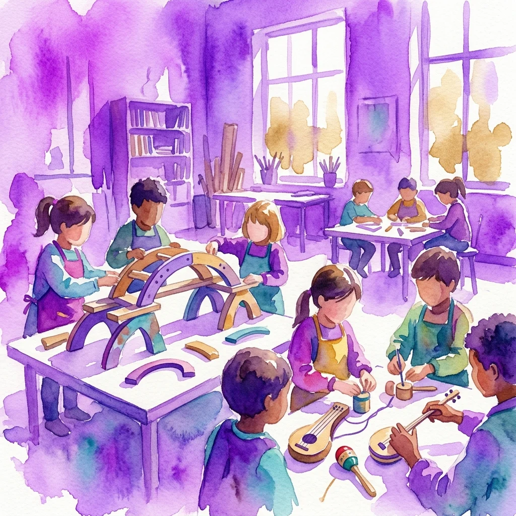 Niños con delantales construyendo instrumentos musicales y puentes en un vibrante taller, como parte del programa educativo Majsternia para estudiantes de primaria.