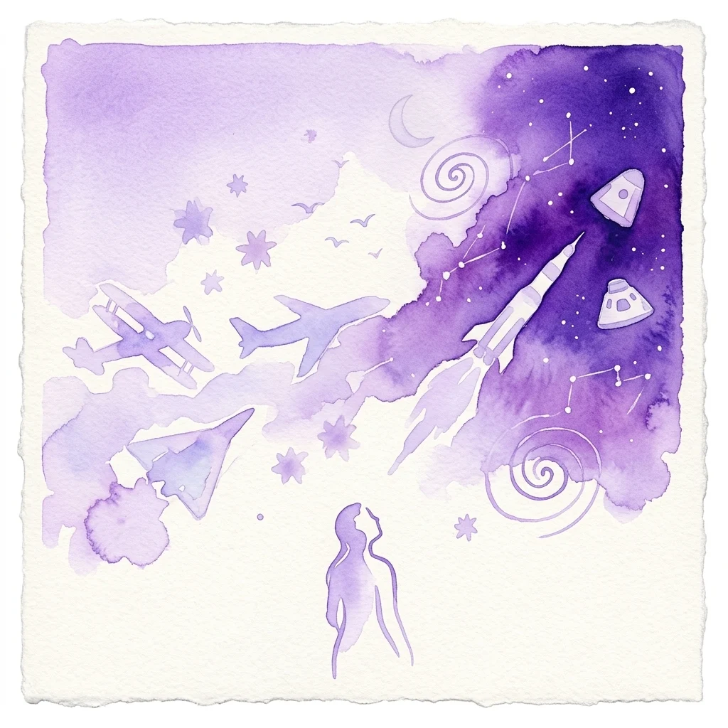 A watercolor illustration depicting the history of flight and space exploration, featuring vintage airplanes, a rocket, spacecraft, constellations, and a person gazing upward in wonder.