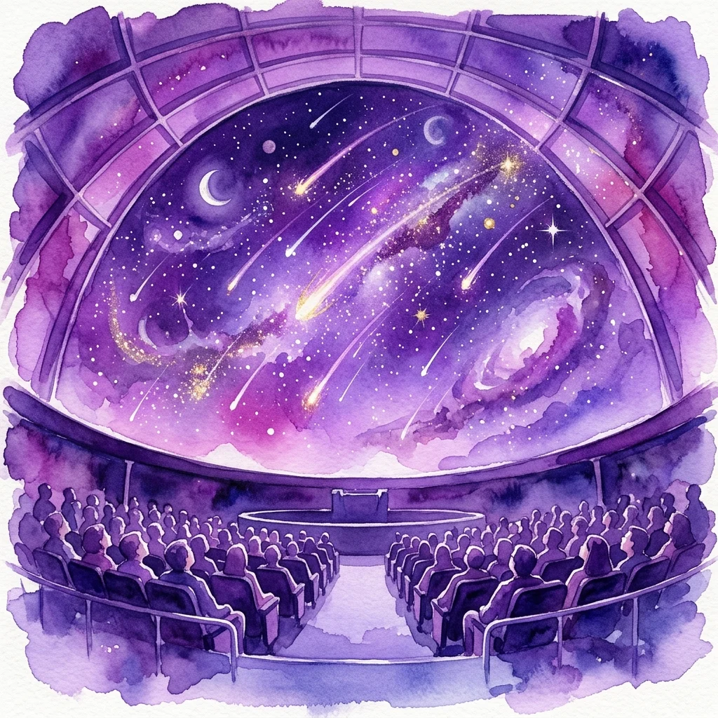 Una ilustración en acuarela del interior de la cúpula de un planetario que muestra una lluvia de meteoros y cuerpos celestes proyectados en el techo, con una audiencia sentada debajo.