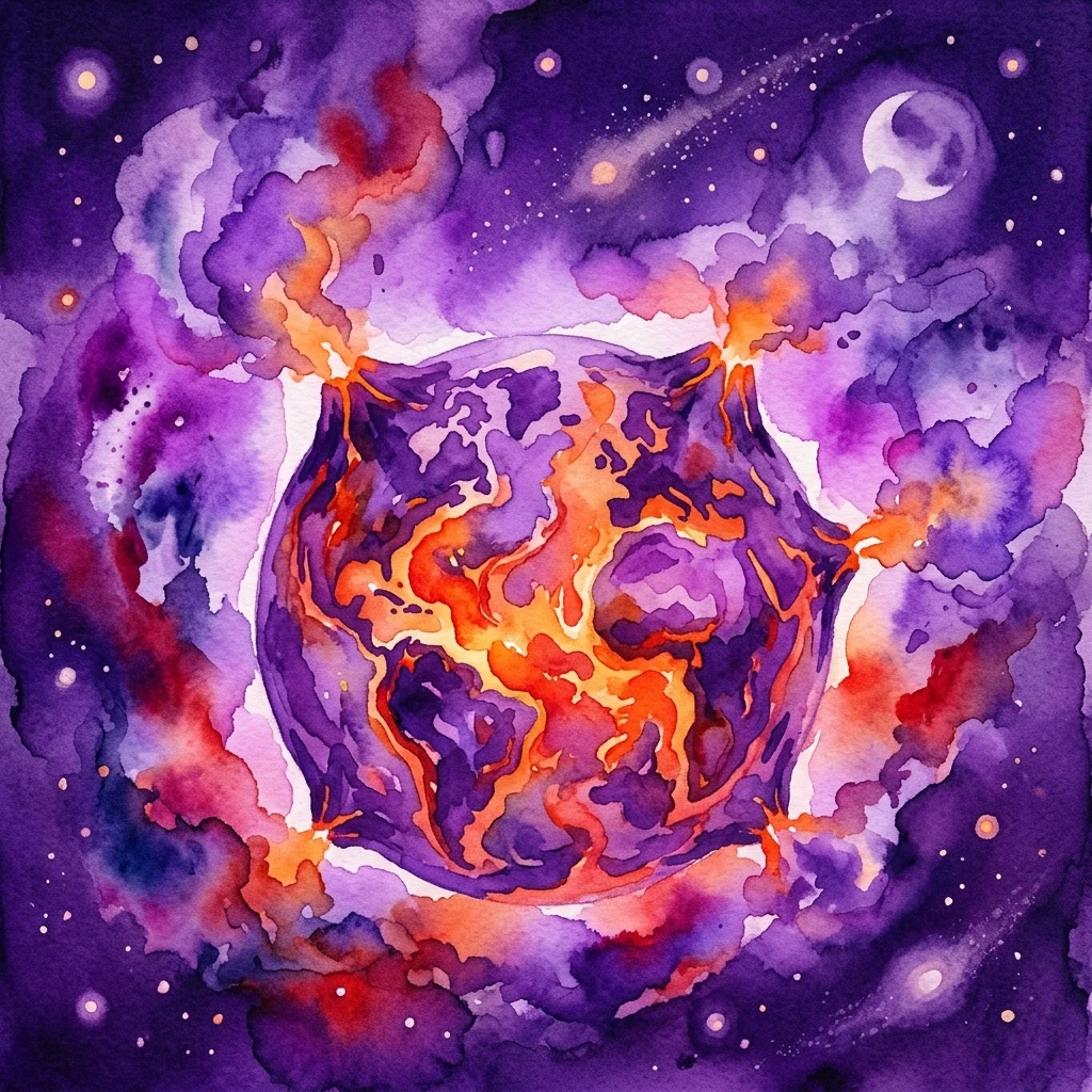 A vibrant watercolor depiction of the early Earth during its formation, showing molten rock, volcanic activity, and a chaotic atmosphere with celestial bodies in the background.