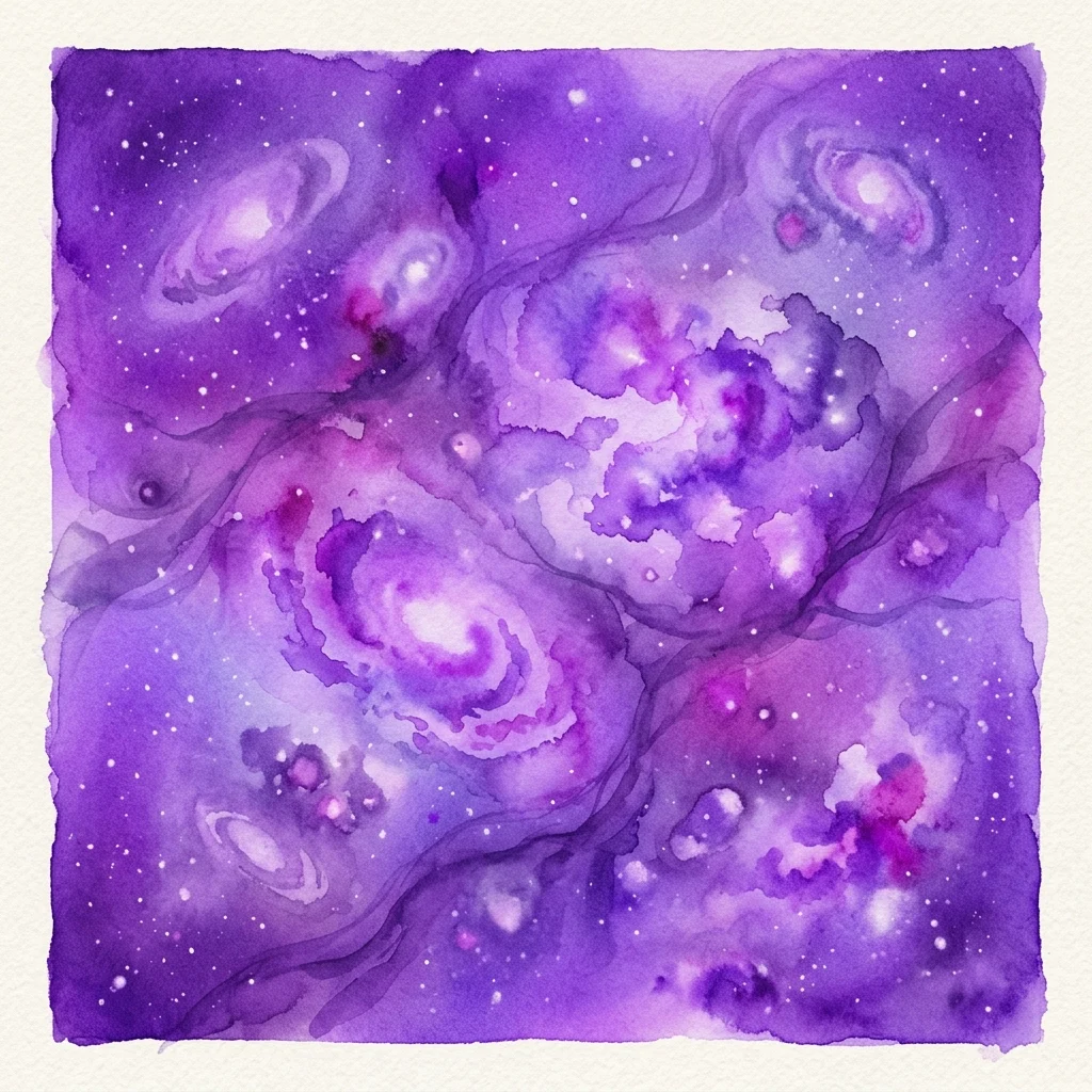 A watercolor artwork depicting a vibrant purple cosmic scene with swirling galaxies, nebulae, and stars, representing the invisible universe and dark matter.