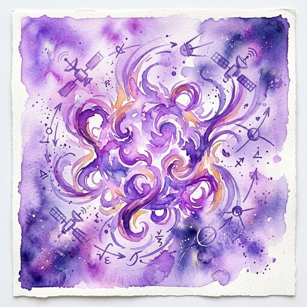 Abstract aquarelkunstwerk dat zonnevlammen en ruimtevaartuigen voorstelt, ter representatie van de NASA IMAP-missie en zonneonderzoek, met een paars en oranje kleurenschema.