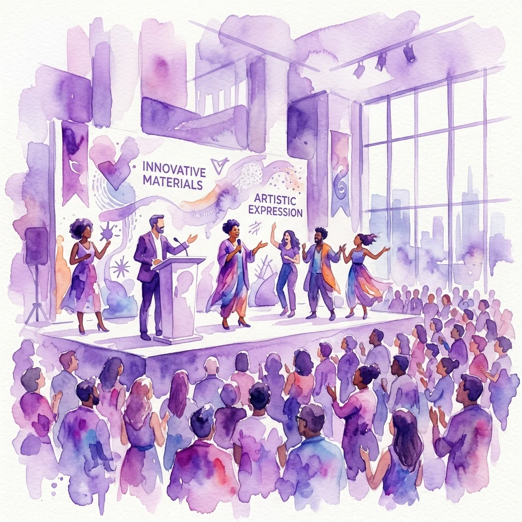 Ilustración artística del evento de apertura del Festival Transformation con diversos presentadores en el escenario con temas de materiales innovadores y expresión artística, ambientado en un espacio de museo moderno con público.