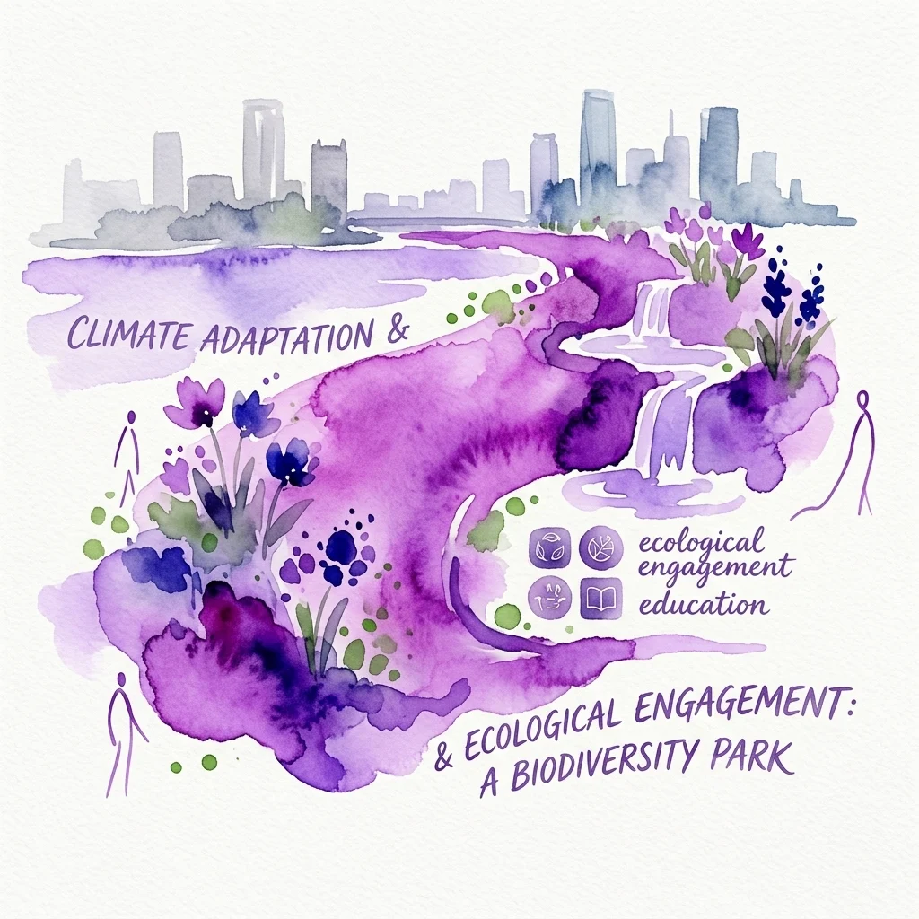 Ilustración en acuarela del Parque Bioróżnorodności, un parque de biodiversidad con plantas nativas, elementos acuáticos y espacios educativos, con el horizonte de la ciudad de fondo y texto que destaca la adaptación climática y el compromiso ecológico.