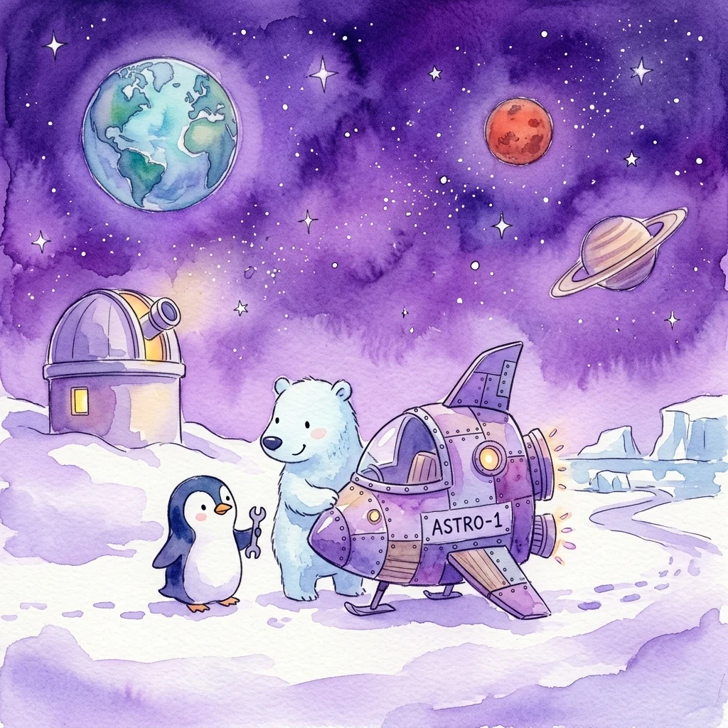 Een grillige aquarelillustratie van een ijsbeer en pinguïn die een ruimteschip met het label ASTRO-1 bouwen op een besneeuwd landschap, met de aarde, Mars en Saturnus zichtbaar in de sterrenhemel.