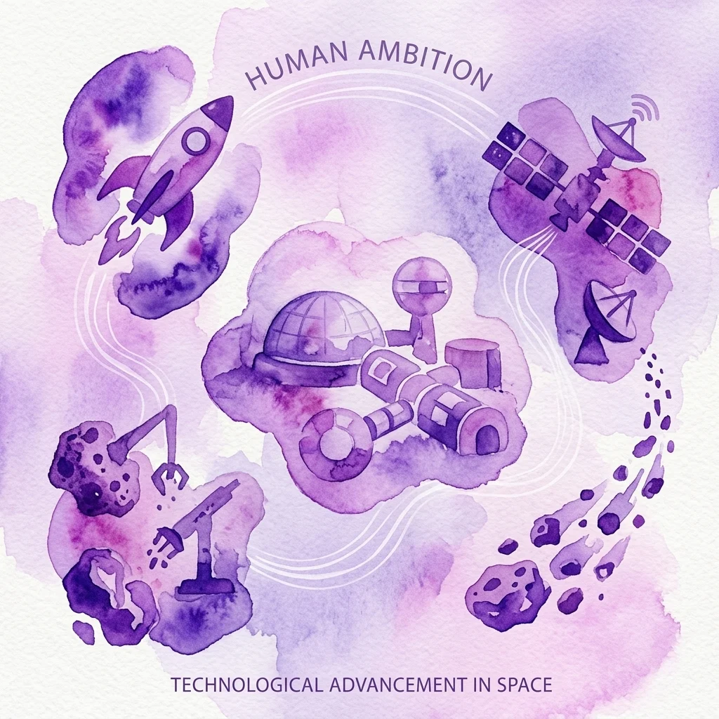 Een paarse aquarelillustratie die futuristische elementen van ruimteverkenning afbeeldt, waaronder raketten, satellieten, maanbases en apparatuur voor asteroïde-mijnbouw, met de tekst 'HUMAN AMBITION' en 'TECHNOLOGICAL ADVANCEMENT IN SPACE'.