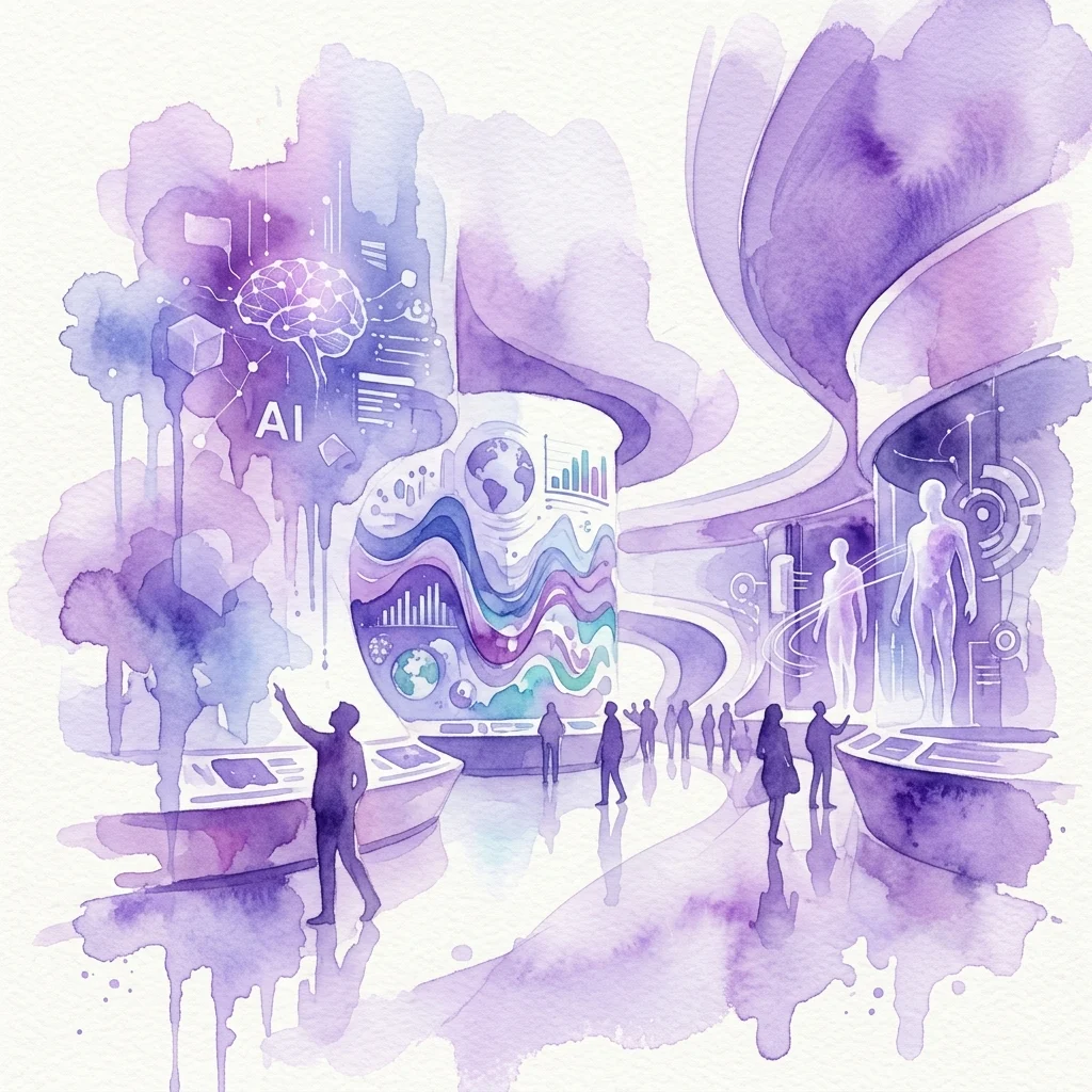Ilustración en acuarela de una sala de exposiciones futurista con IA, visualizaciones de datos y conceptos de aumento humano, promoviendo el pensamiento crítico sobre el impacto de la tecnología en el futuro.