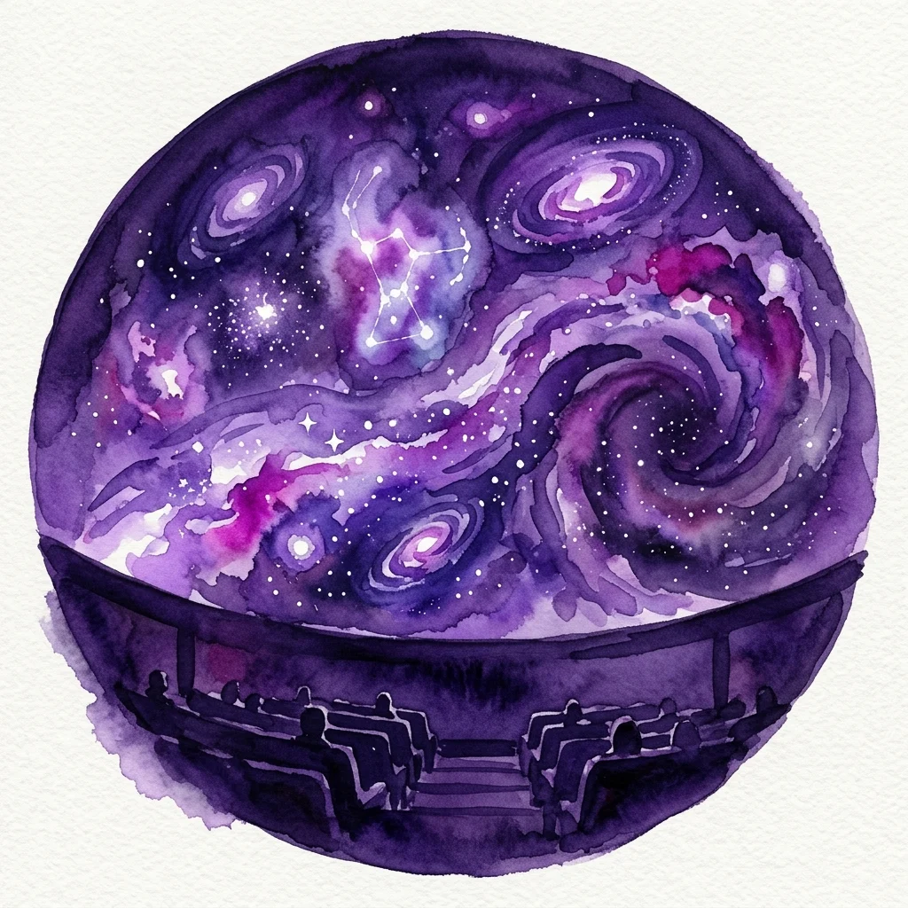 Ilustración en acuarela de una cúpula de planetario que muestra proyecciones cósmicas de galaxias y nebulosas, con siluetas de miembros de la audiencia contemplando un viaje a través del espacio y el tiempo.