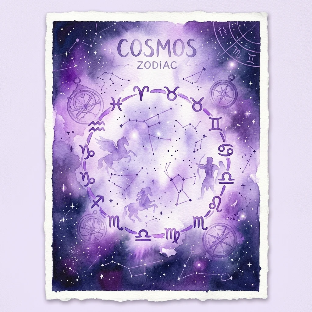 Ilustracja akwarelowa koła zodiaku z konstelacjami, symbolami nieba i postaciami mitologicznymi na tle gwieździstego fioletowego nieba, zatytułowana 'COSMOS ZODIAC'