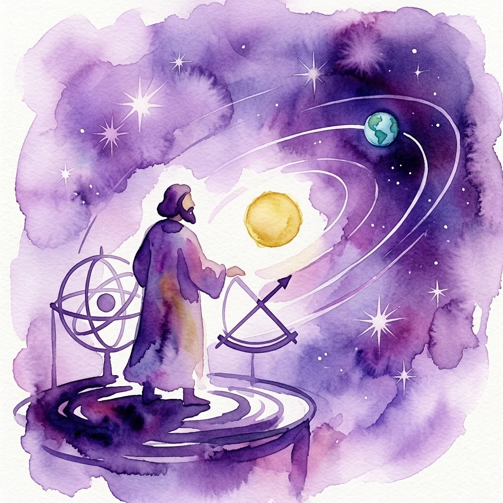 Una ilustración en acuarela de Nicolás Copérnico observando el modelo heliocéntrico, con la Tierra orbitando el Sol e instrumentos astronómicos históricos como una esfera armilar y un cuadrante, sobre un cielo estrellado morado.