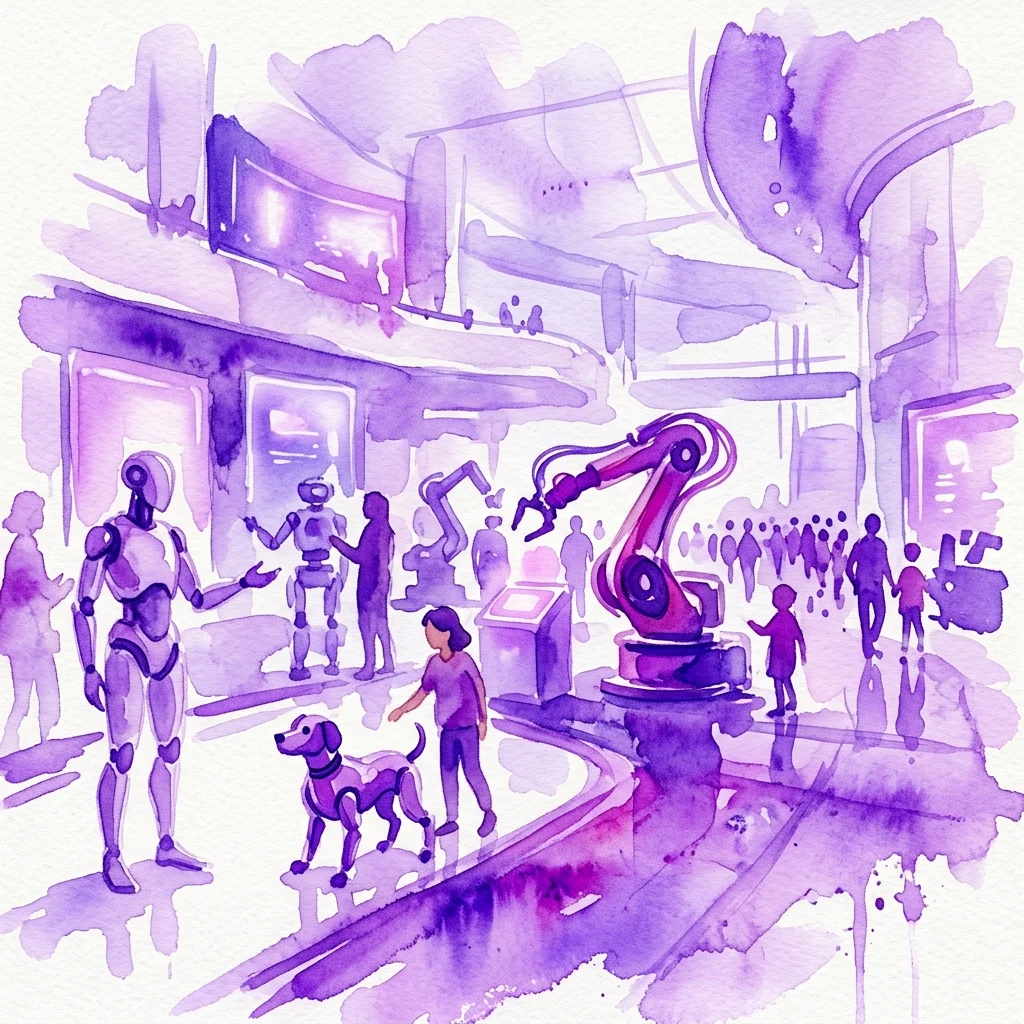 A watercolor illustration of a futuristic robotics exhibition at the Copernicus Science Centre, featuring humanoid robots, robotic dogs, and industrial arms interacting with visitors in a vibrant purple-themed display.
