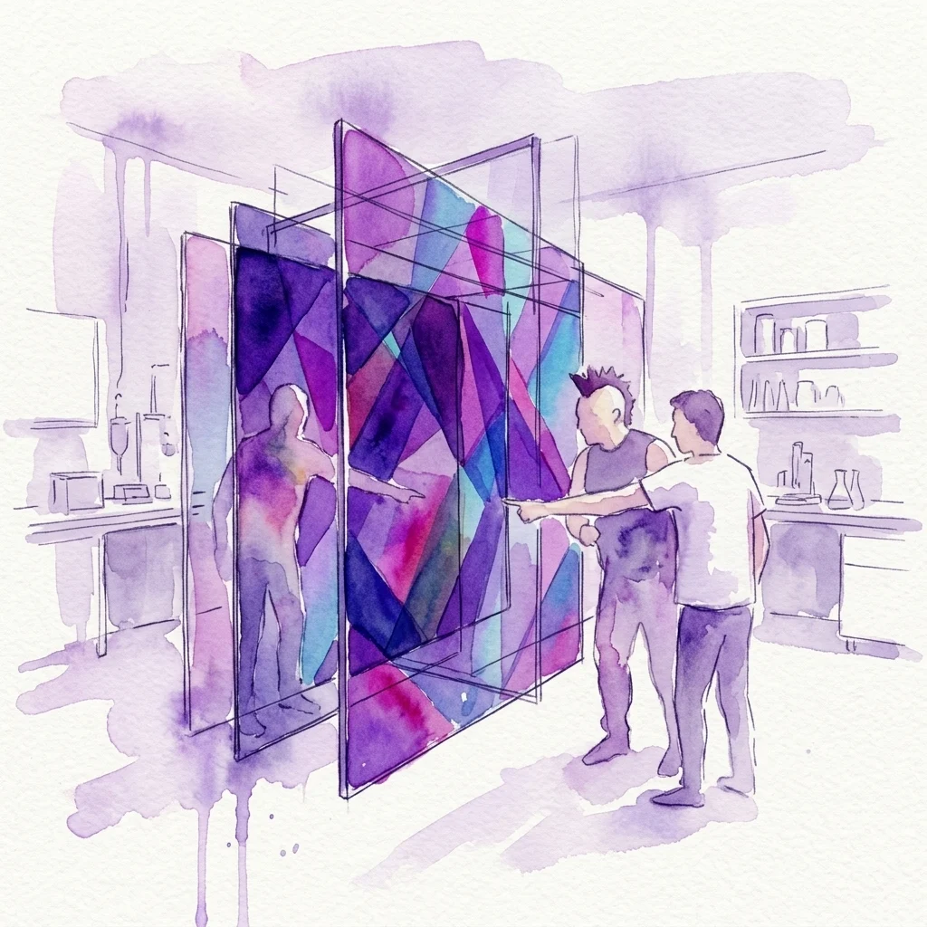 Ilustración en acuarela de tres visitantes observando una colorida instalación de luz interactiva compuesta por paneles transparentes superpuestos en tonos morado, rosa y azul cerceta, dentro de un laboratorio minimalista con estantes llenos de material de vidrio científico.