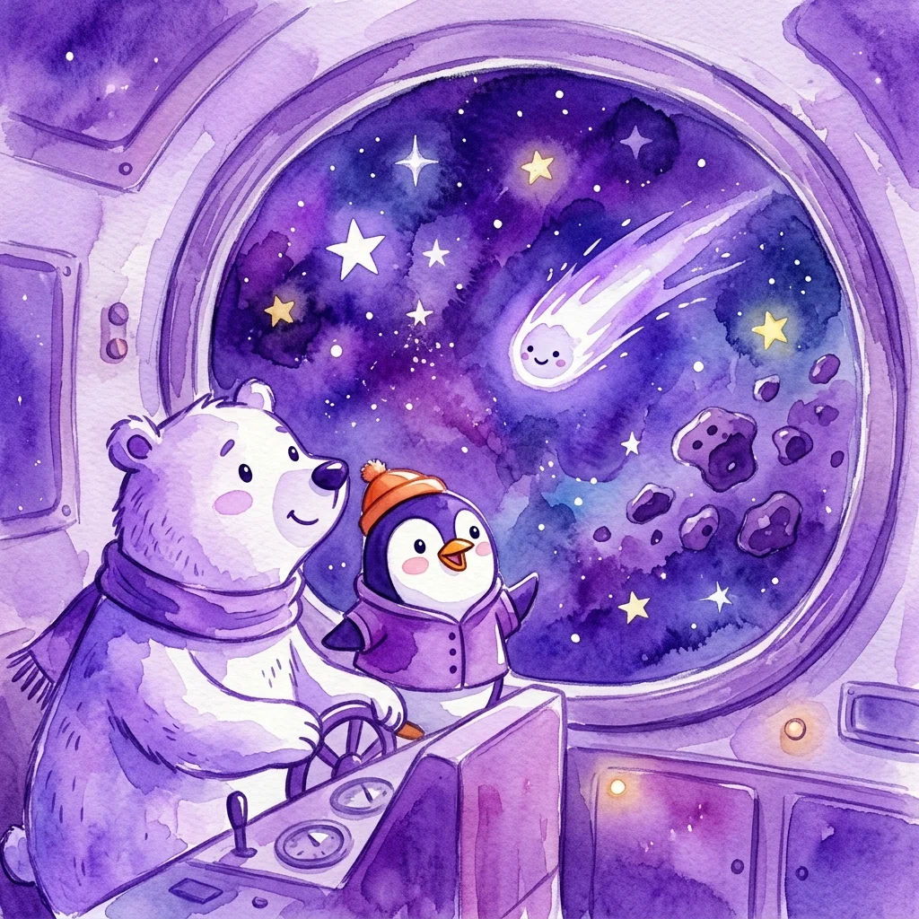 Pingüino y oso polar animados en la cabina de una nave espacial, mirando un cielo estrellado con un cometa sonriente y asteroides, del espectáculo del planetario 'Sekret spadających gwiazd'.