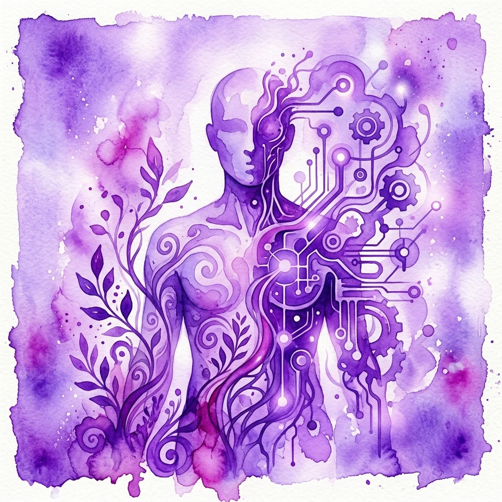 A surreal purple watercolor artwork depicting a human figure merging with organic plants and technological circuitry, symbolizing the theme of the 'superorganism' and the fusion of biology and technology.