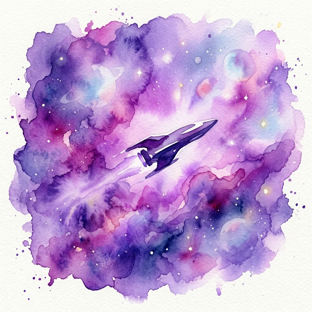 A watercolor illustration of a futuristic spaceship flying through a vibrant purple and pink nebula with stars and planets, evoking the theme of interstellar travel.