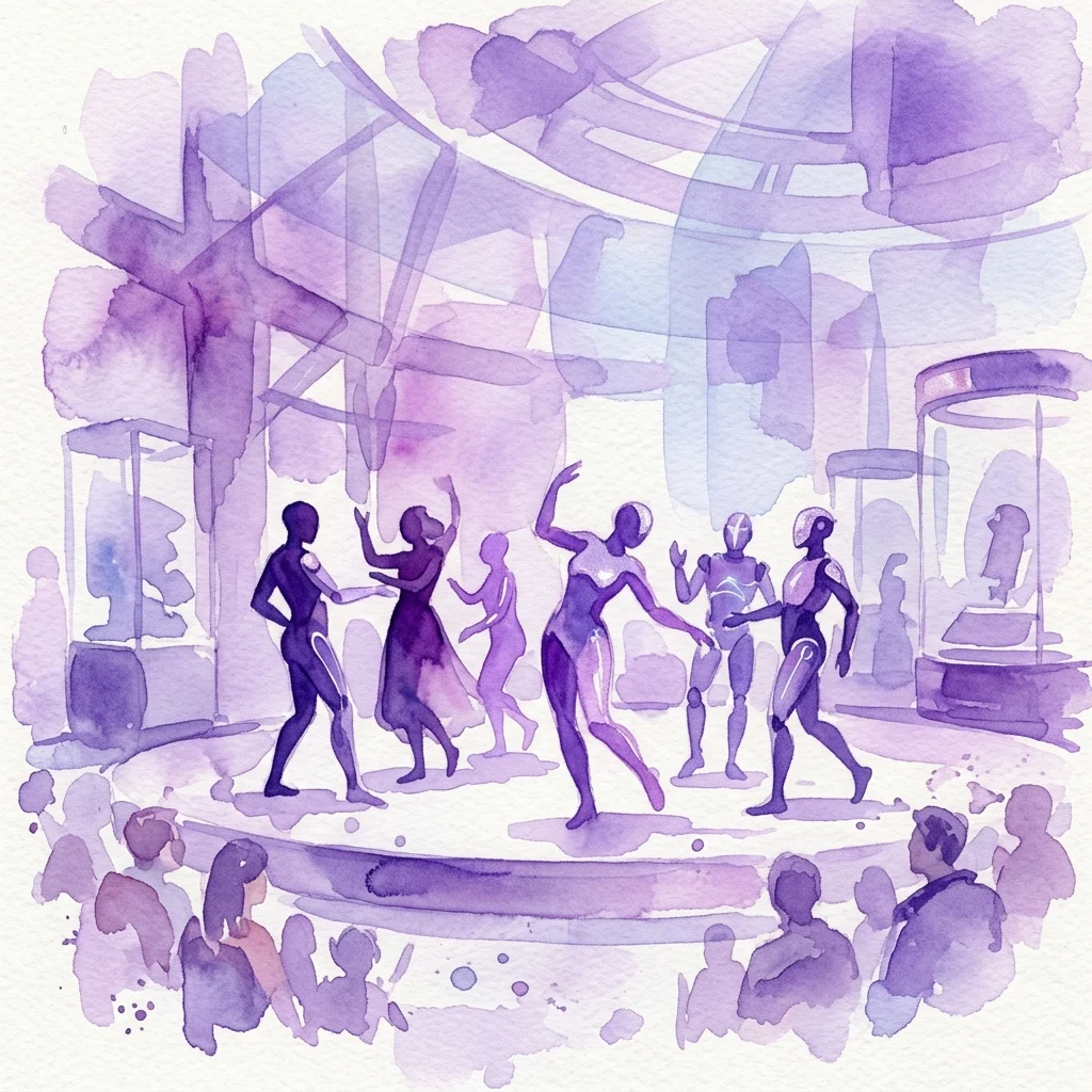A watercolor illustration of humanoid robots performing on a stage in a science museum, with an audience watching, representing the Robotic Theatre exhibition.