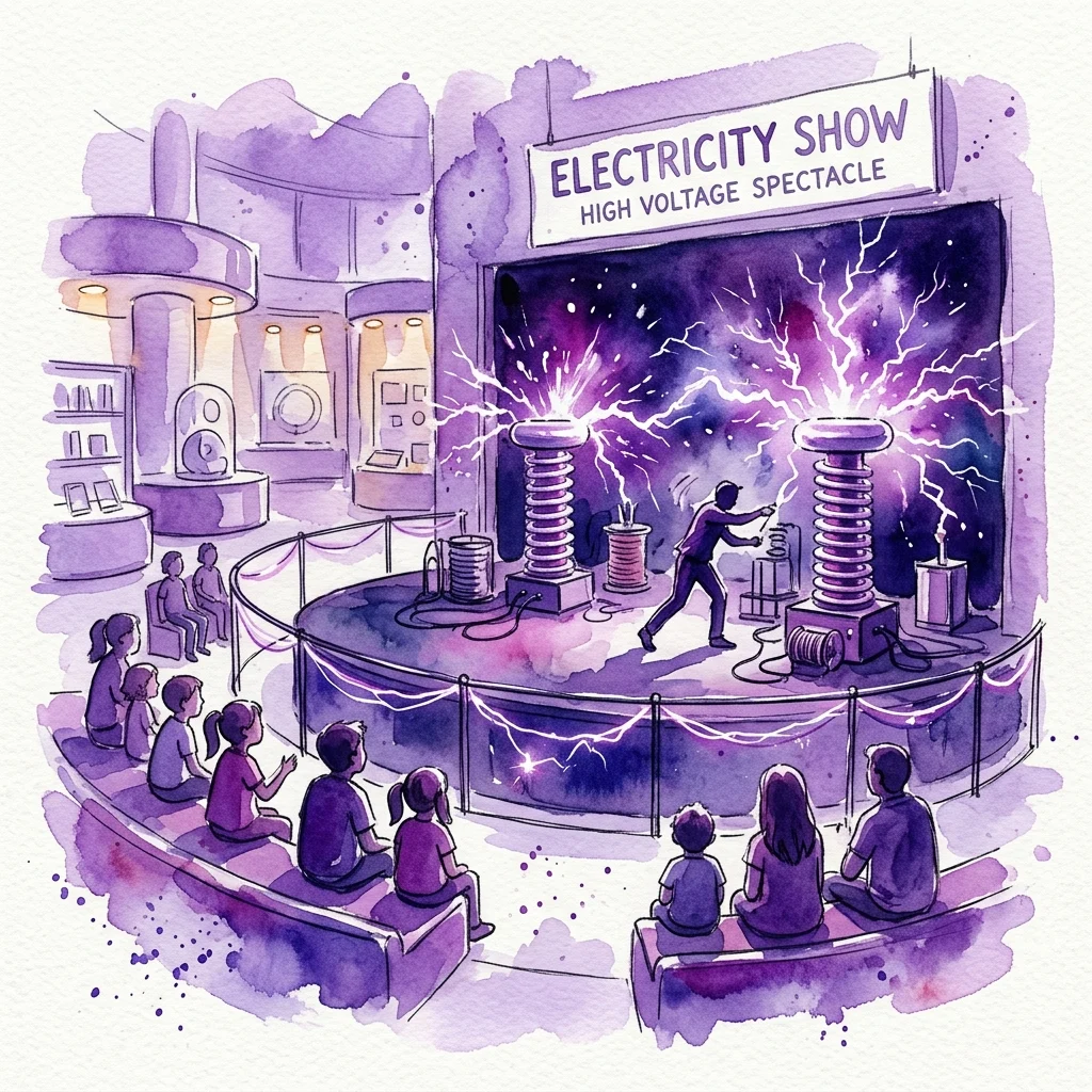 An illustrated scene of a high voltage electricity show at a science museum, featuring a performer demonstrating Tesla coils with dramatic lightning effects, surrounded by an audience of children and adults watching in awe.