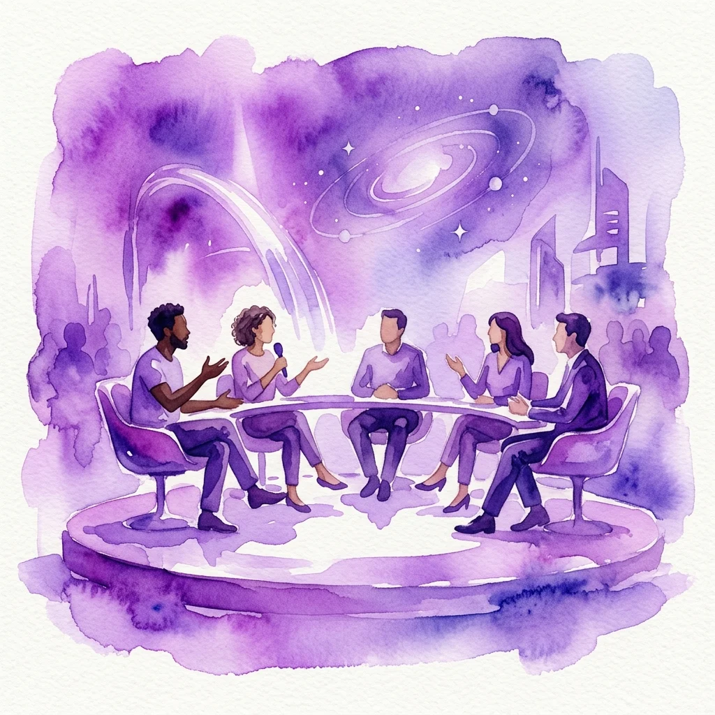Ilustracja akwarelowa panelu dyskusyjnego z różnorodnymi prelegentami omawiającymi ambicje technologiczne, na tle fioletowego kosmosu z galaktyką i futurystycznym pejzażem miasta.