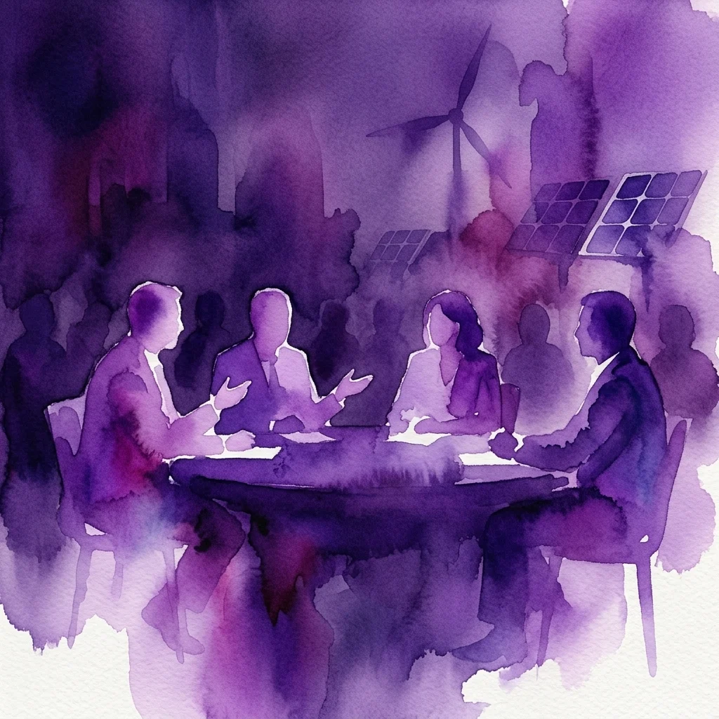 Ilustracja akwarelowa panelu dyskusyjnego z ekspertami siedzącymi przy stole, z turbinami wiatrowymi i panelami słonecznymi w tle, symbolizującymi transformację energetyczną i zmiany kulturowe.