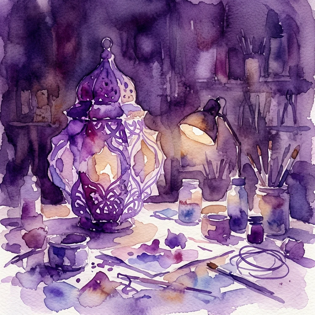 A watercolor illustration of a workshop with a decorative lantern, craft supplies, and a lamp, depicting a creative lantern-making activity.