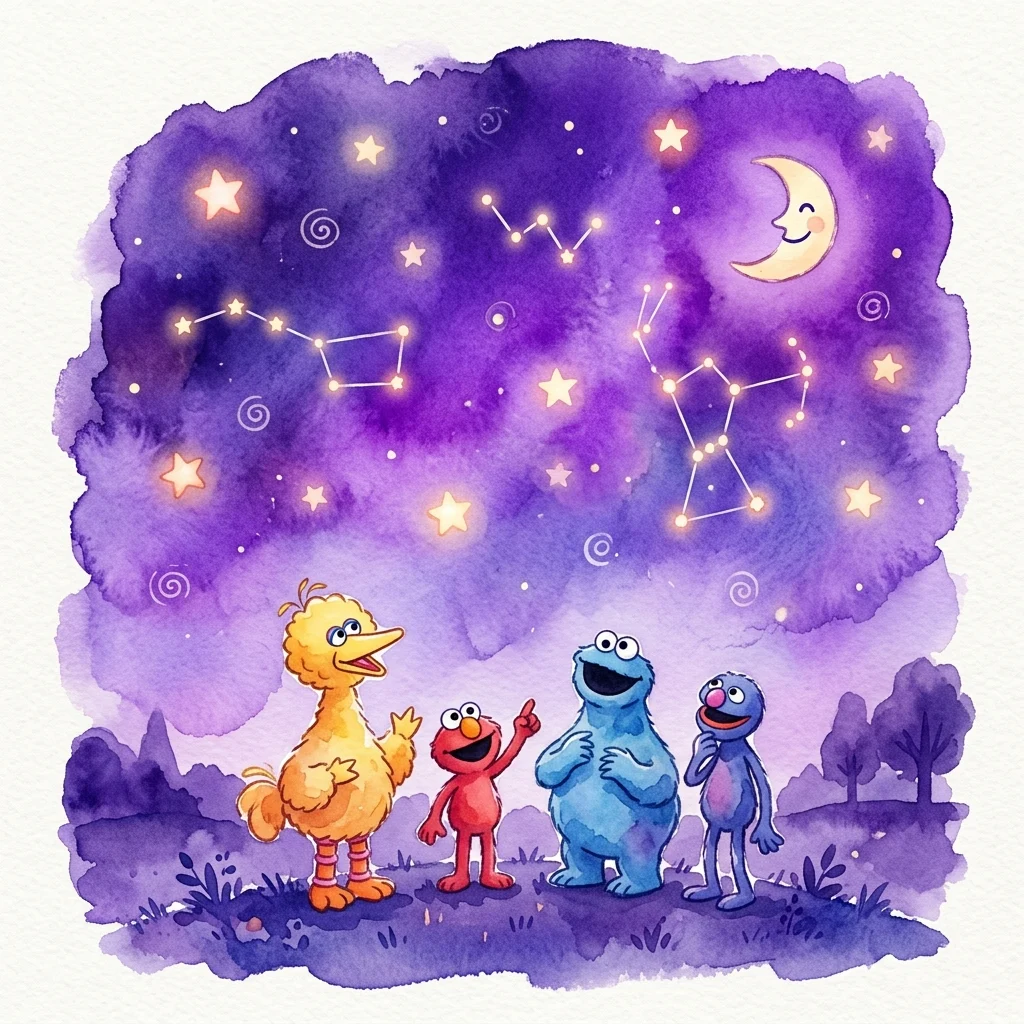 Postacie z Ulicy Sezamkowej: Bąbel, Elmo, Ciasteczkowy Potwór i Grover patrzą w górę na fioletowe nocne niebo z gwiazdami, konstelacjami i uśmiechniętym półksiężycem.