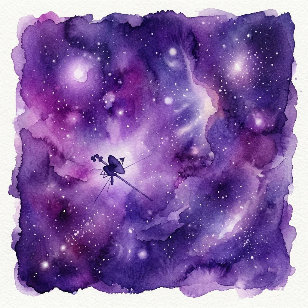 Ilustración en acuarela de la nave espacial Voyager en el espacio profundo, rodeada de nebulosas y estrellas púrpuras y azules, que representa su viaje interestelar.