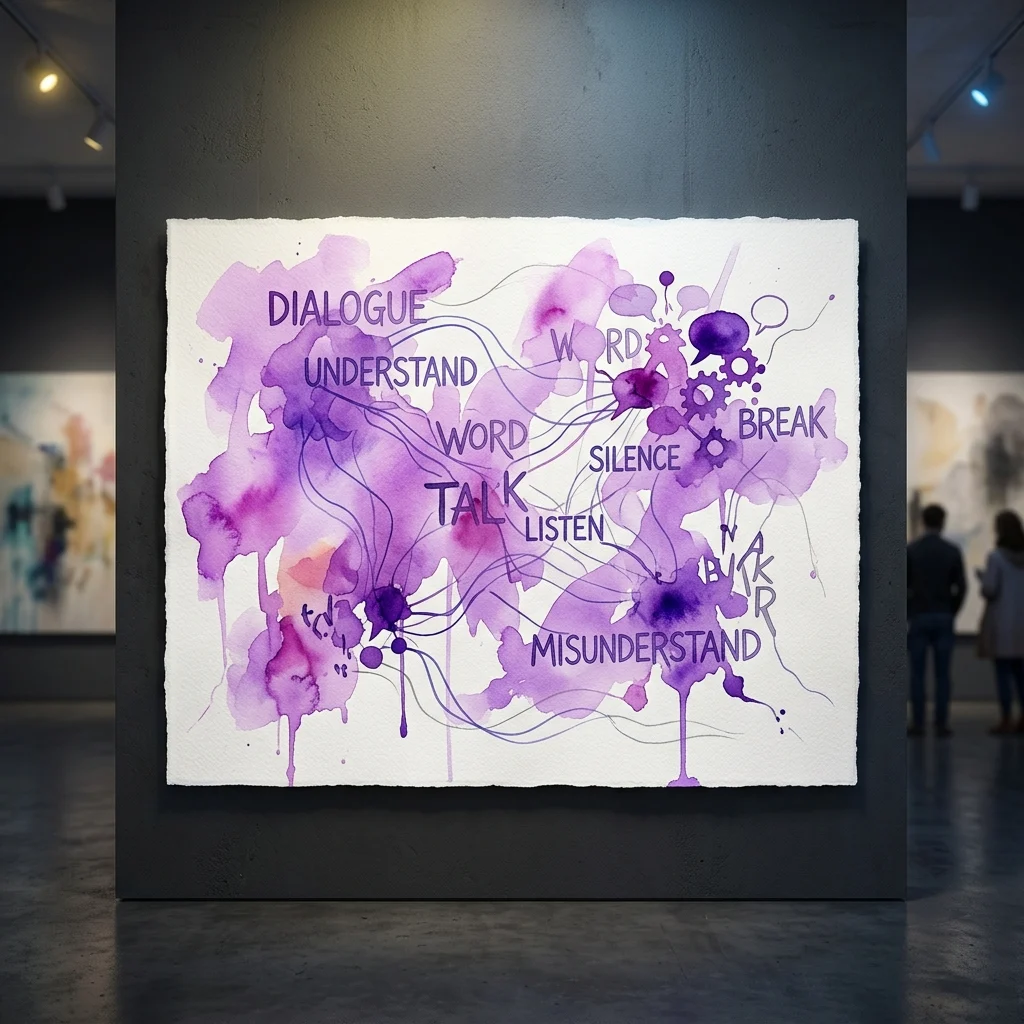 Una obra de arte de acuarela púrpura en una galería que presenta palabras como diálogo, comprensión, hablar, escuchar y malentendido, representando temas de comunicación para el evento Wieczory dla dorosłych en el Copernicus Science Centre.