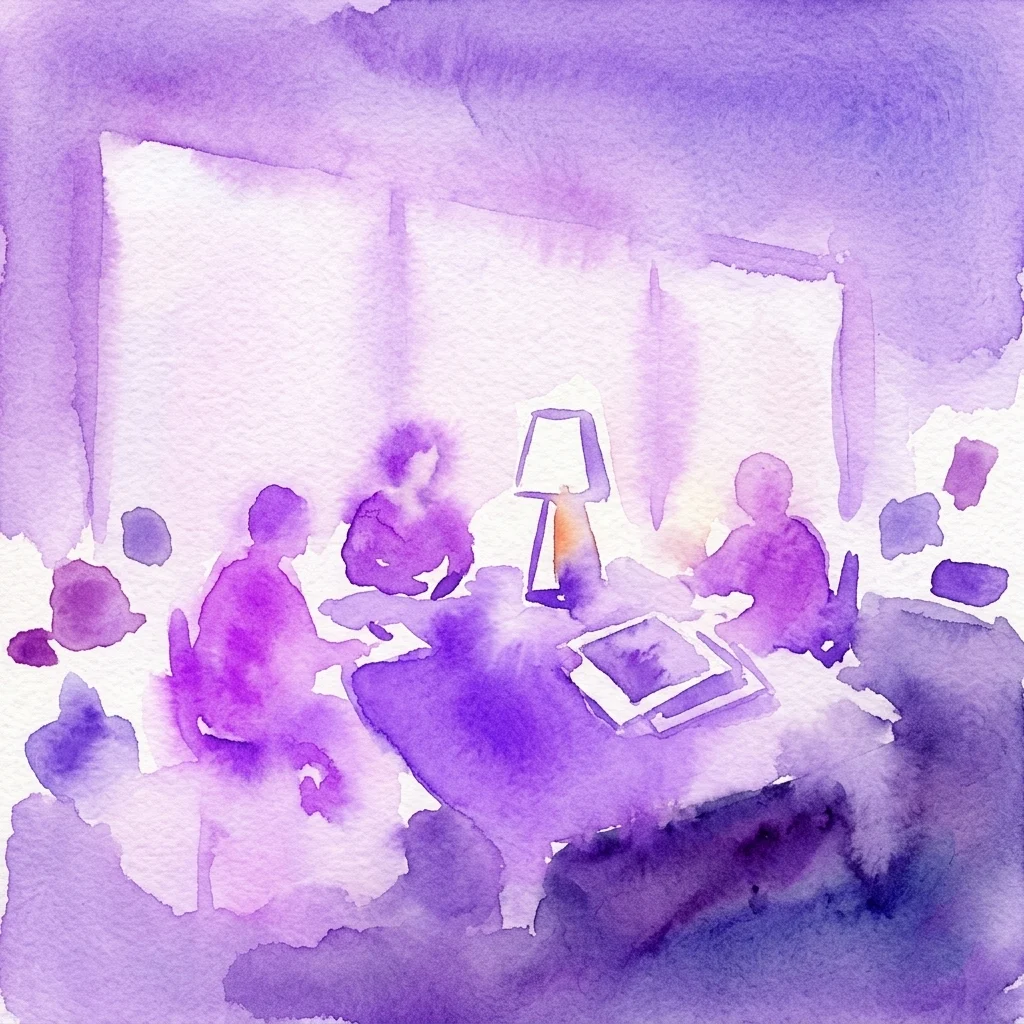 Ilustración en acuarela de una escena de taller con personas reunidas alrededor de una mesa, creando lámparas y artesanías en un estudio de tonos morados.